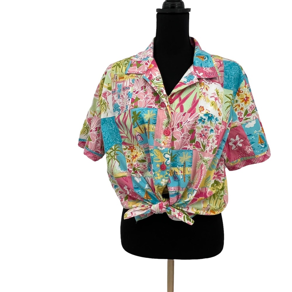 Vintage Erin London Bright Floral Hawaiian Button Down Beach Blouse‎ Large